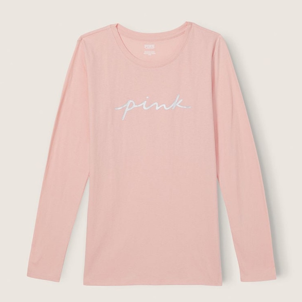 NWT Everyday Long Sleeve Crew Tee Silver Pink Shine Script Logo Sz S - Picture 4 of 4